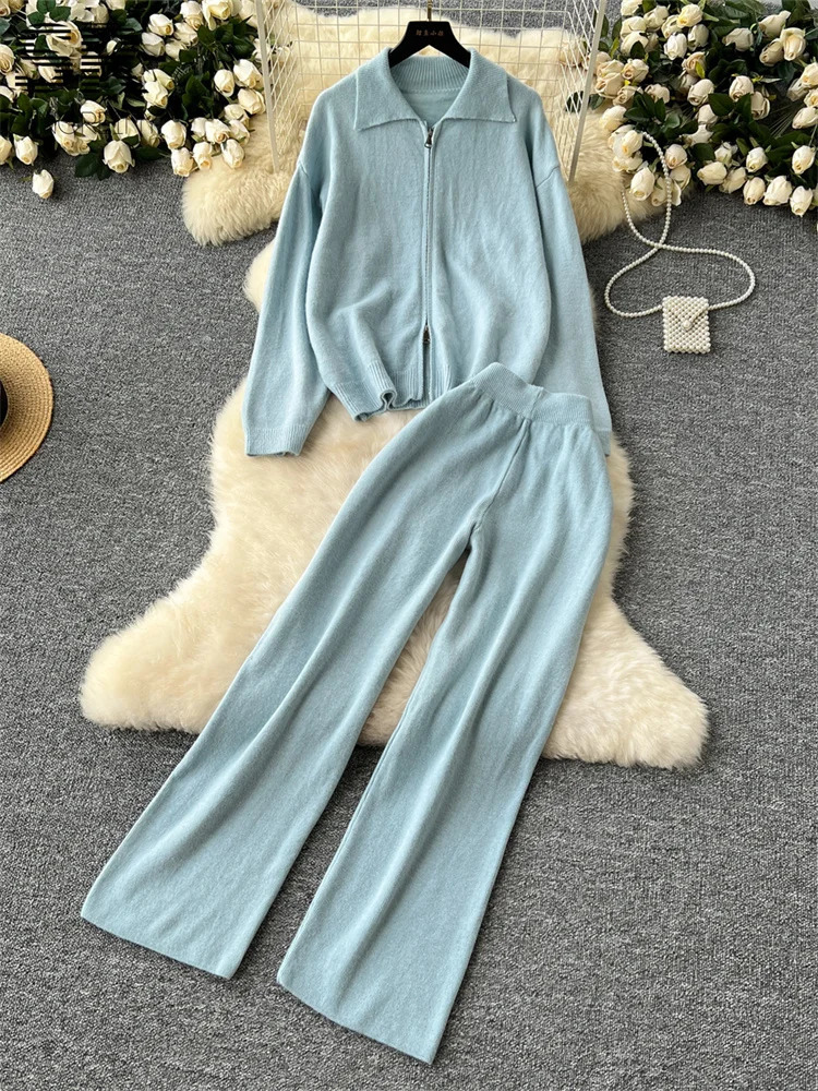 SINGREINY Knitting Two Piece Sets Women Polo Neck Zipper Cardigan SweaterLong Pants Autumn Winter Basics Casual 2pcs Suits 241230