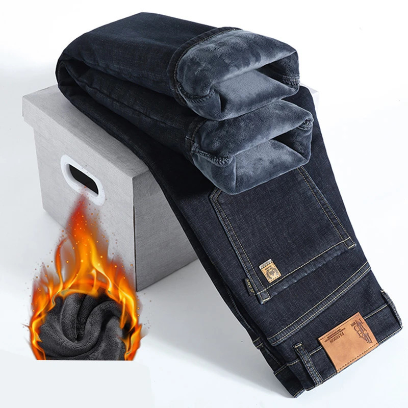 Men Winter Fleece Warm Jeans Fashion Business Pants Retro Classic Denim Trousers Autumn Casual Stretch Slim Jeans Men 241230