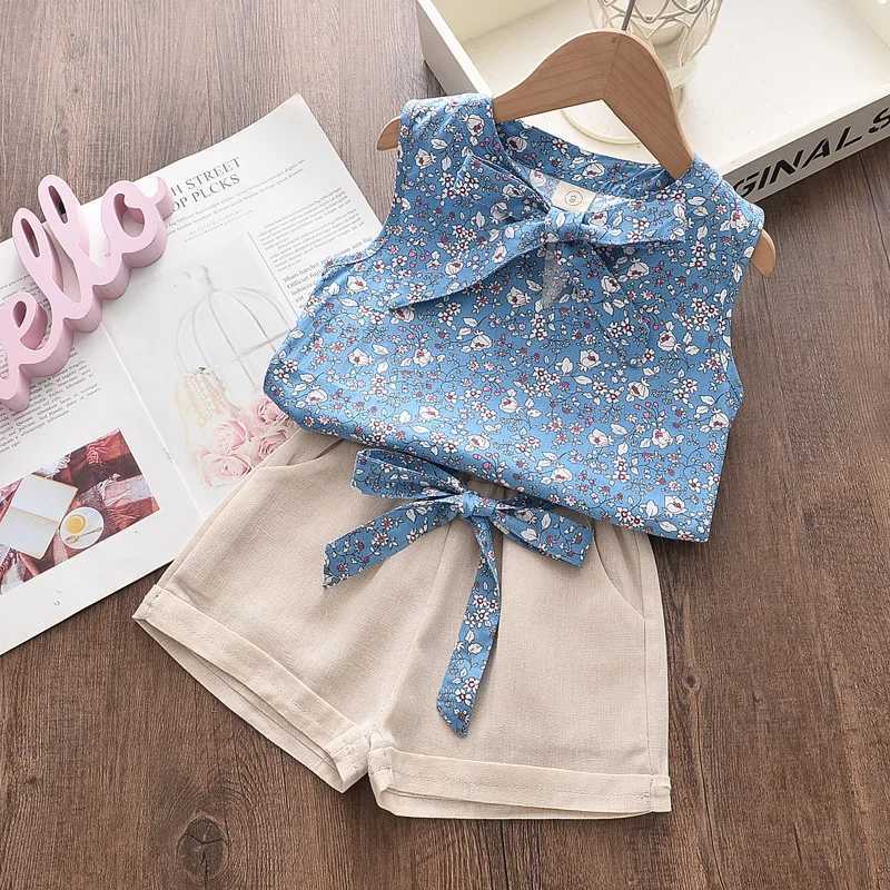 Summer girls childrens casual sleeveless chiffon shirt+shorts set 2-piece setXJ250410