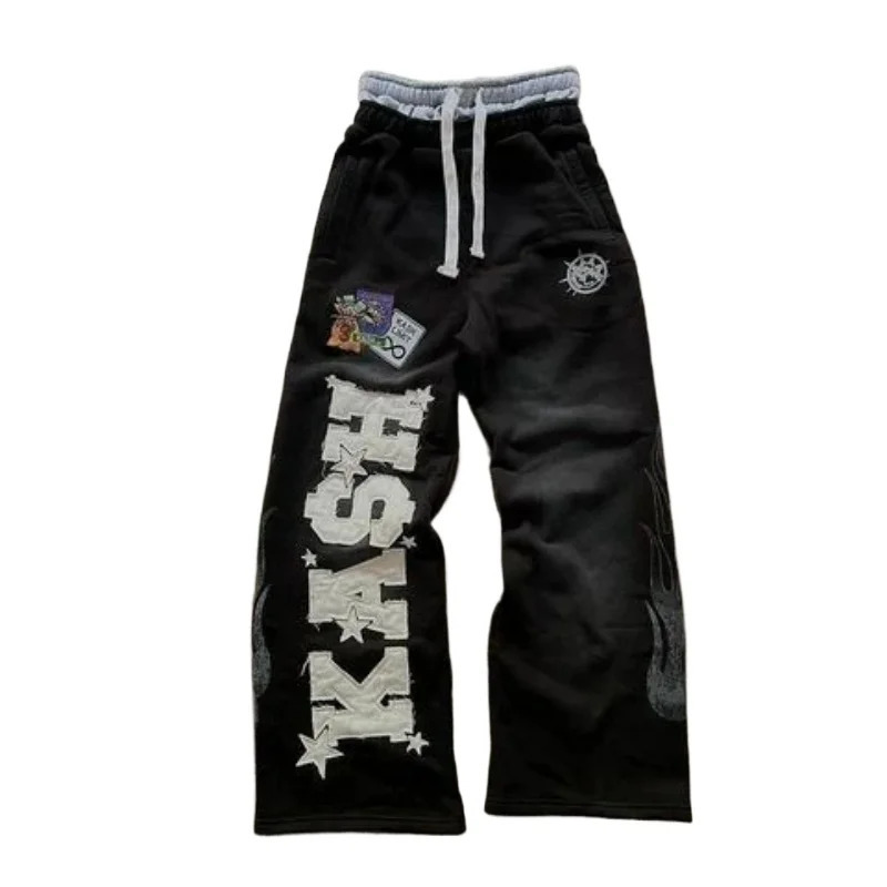 Harajuku Gothic Y2k Mens Black Sports Pants Double Waist Mens and Womens Casual Sports Pants Street Wear Pattern Embroidered Pants 250103
