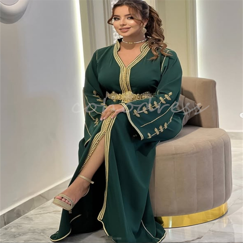 Traditional Green Caftan Moroccan Evening Dress V Neck Beaded Pakistani Kimono Algerien Prom Dress Formal Party Gown Dubai Ceremony Occasion Vestio De