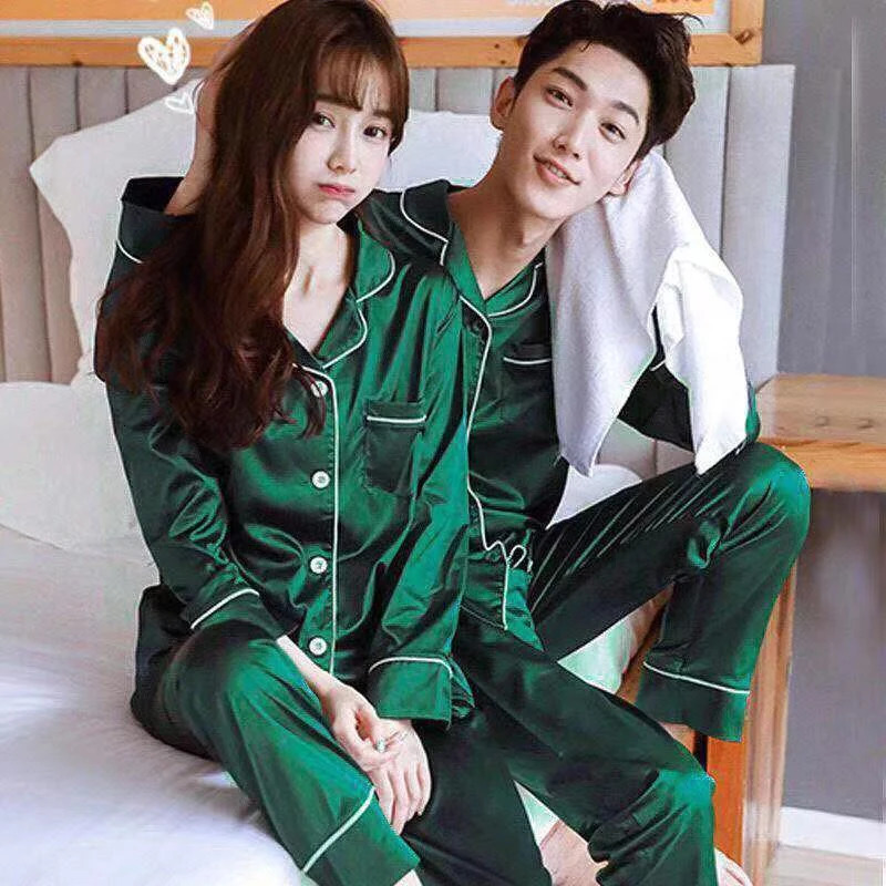 Sleepwear Couple Silk Satin Solid Color Pajama Sets Long ButtonDown Pijama Plus Size Home Clothes Pyjamas Women Men Loungewear 250103