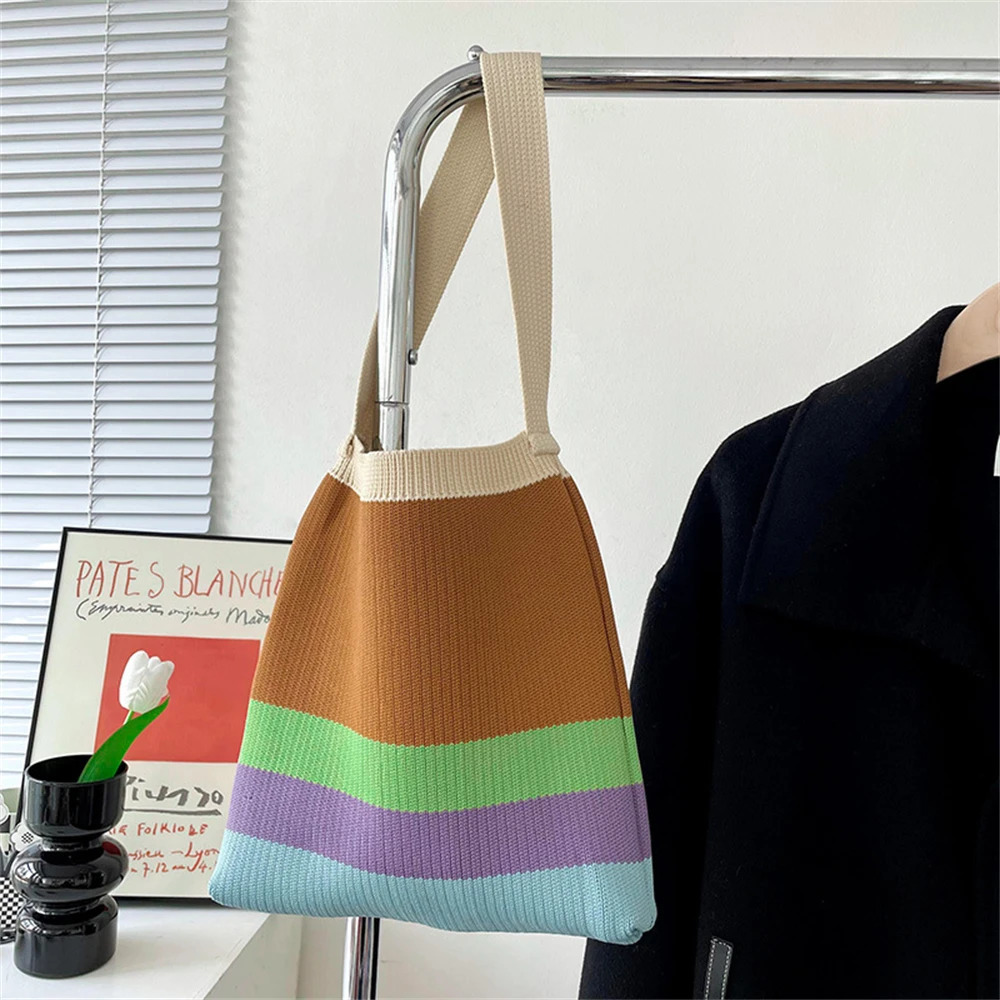 Womens Knitted Striped Shoulder Bag Female Woven Crossbody Handbag Eco Large Capacity Shopper Bag Retro Rainbow Storage Bag 250102