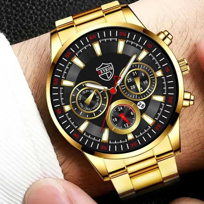 Mens top brand luxury gold calendar with stainless steel band fashion Busin quartz wrist Relogio Masculino W250104