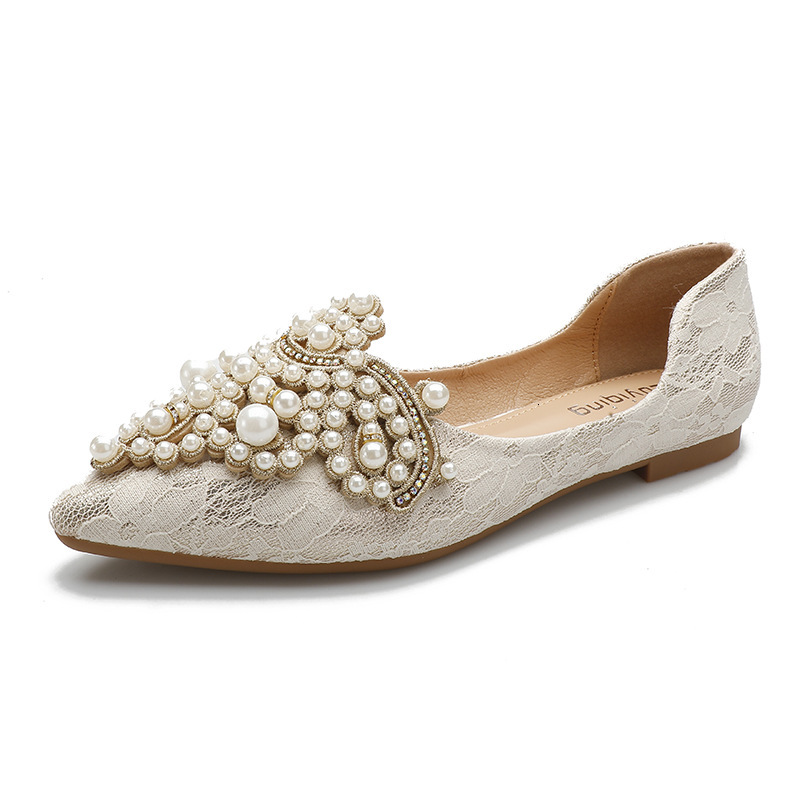Spring Autumn New Large Women's Shoes Lace Pearl Wedding Footwear Casual Pointed Mary Jane Comfort Fashion Ladies Shoes