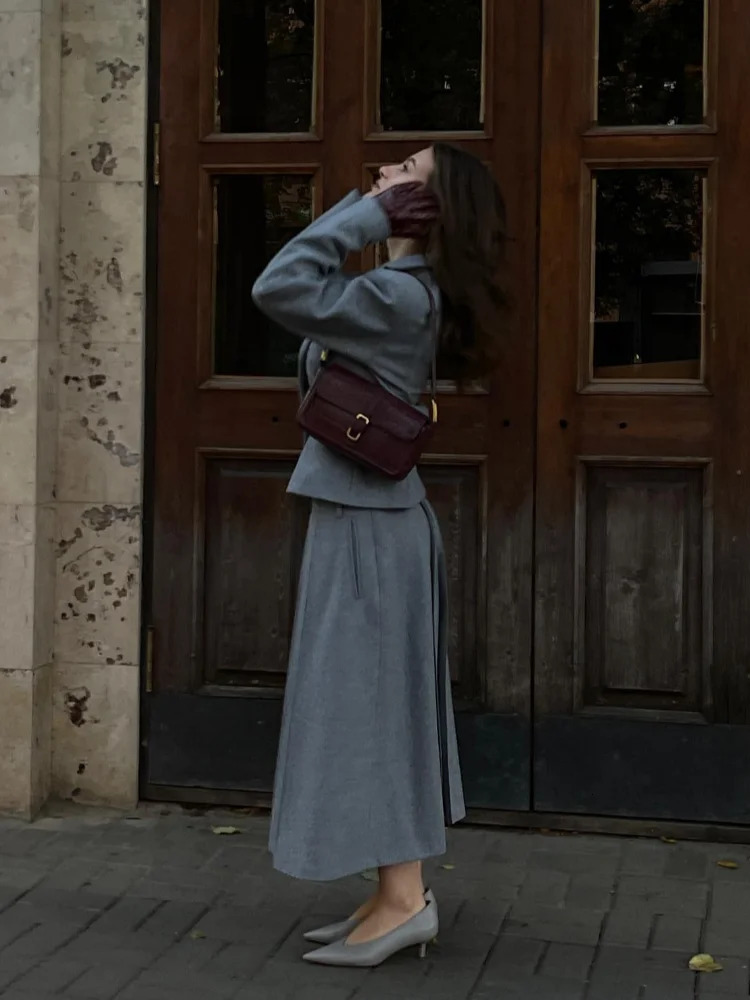 Elegant Women Grey Woolen Blazer Coat Skirt Suits Fashion Lapel Full Sleeves Coats Long Pleated Skirt Set Autumn Lady Outfits 241224