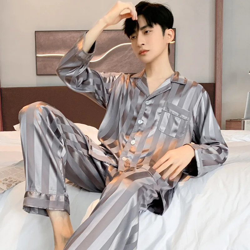 Mens Pajama Summer Longsleeved Ice Silk High Quality Stain Sleepwear Suit Home Clothes Male Night Wear Pyjamas Gentlemen 250103