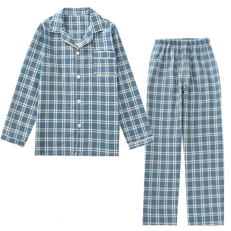 Spring and autumn mens pajamas longsleeved trousers cotton double gauze lattice large size suit home service 250103