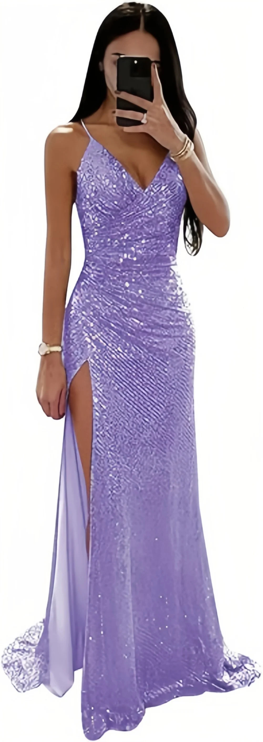 TSxuelian Womens Sparkling V-neck Mermaid Ball Dress Long spaghetti Strap Tight corset Formal Evening Dress High Seam Party Dress 250103