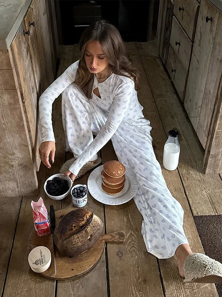 3 Pieces Pajama Sets Women Printed Spaghetti Strap Top Long Sleeve Cardigan Elastic Wide Leg Pants Sleepwear Nightwear Homewear 250103