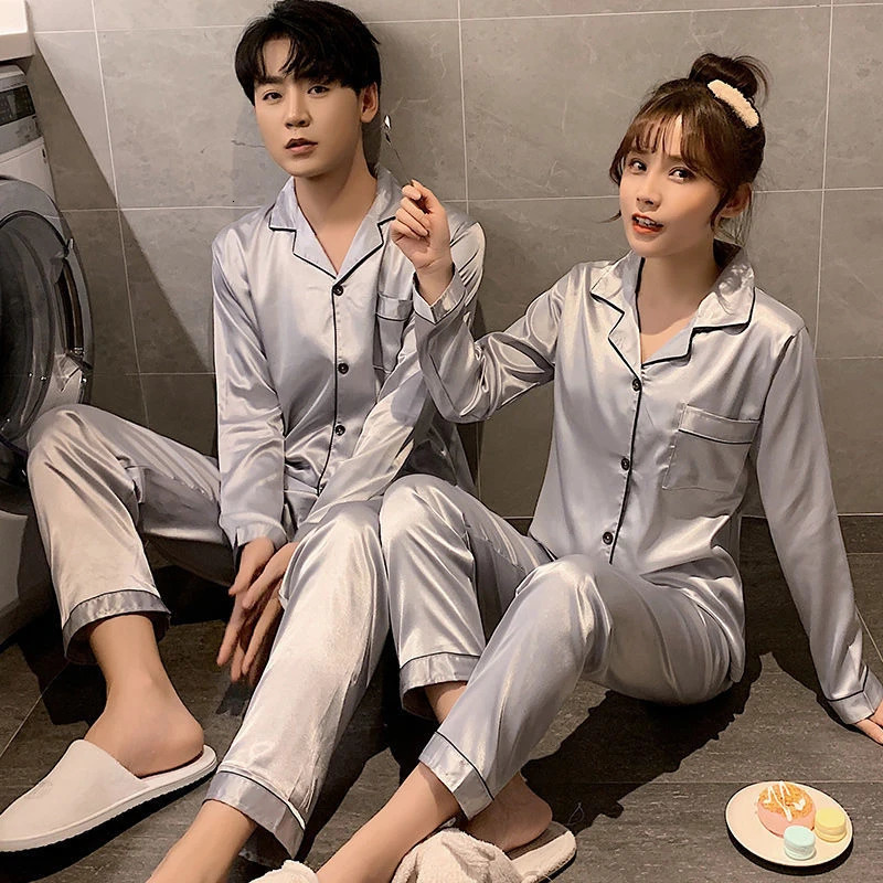 Sleepwear Couple Silk Satin Solid Color Pajama Sets Long ButtonDown Pijama Plus Size Home Clothes Pyjamas Women Men Loungewear 250103