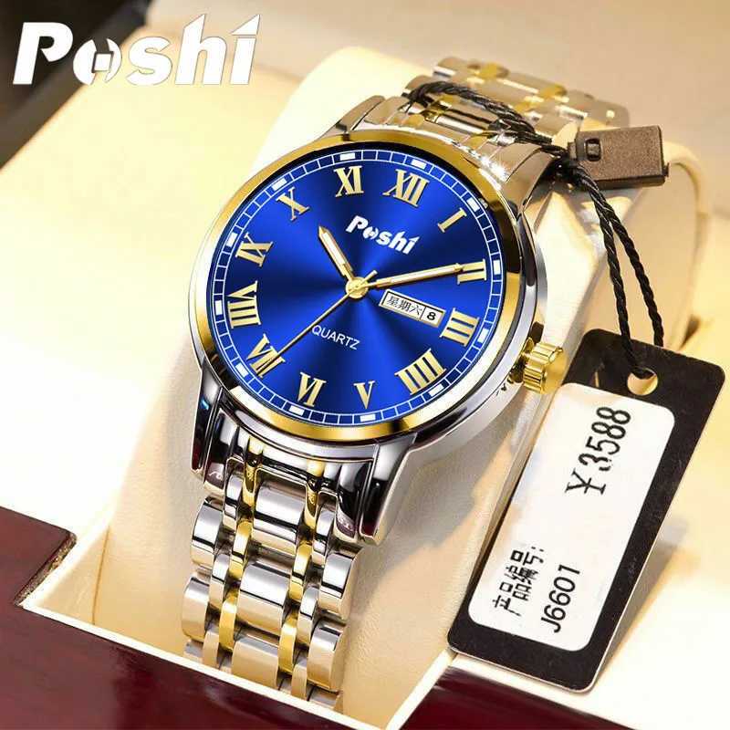 POSHI Mens Stainless Steel Top Luxury Button Hidden Buckle Waterproof Luminous Date Week Sports Watch W250104