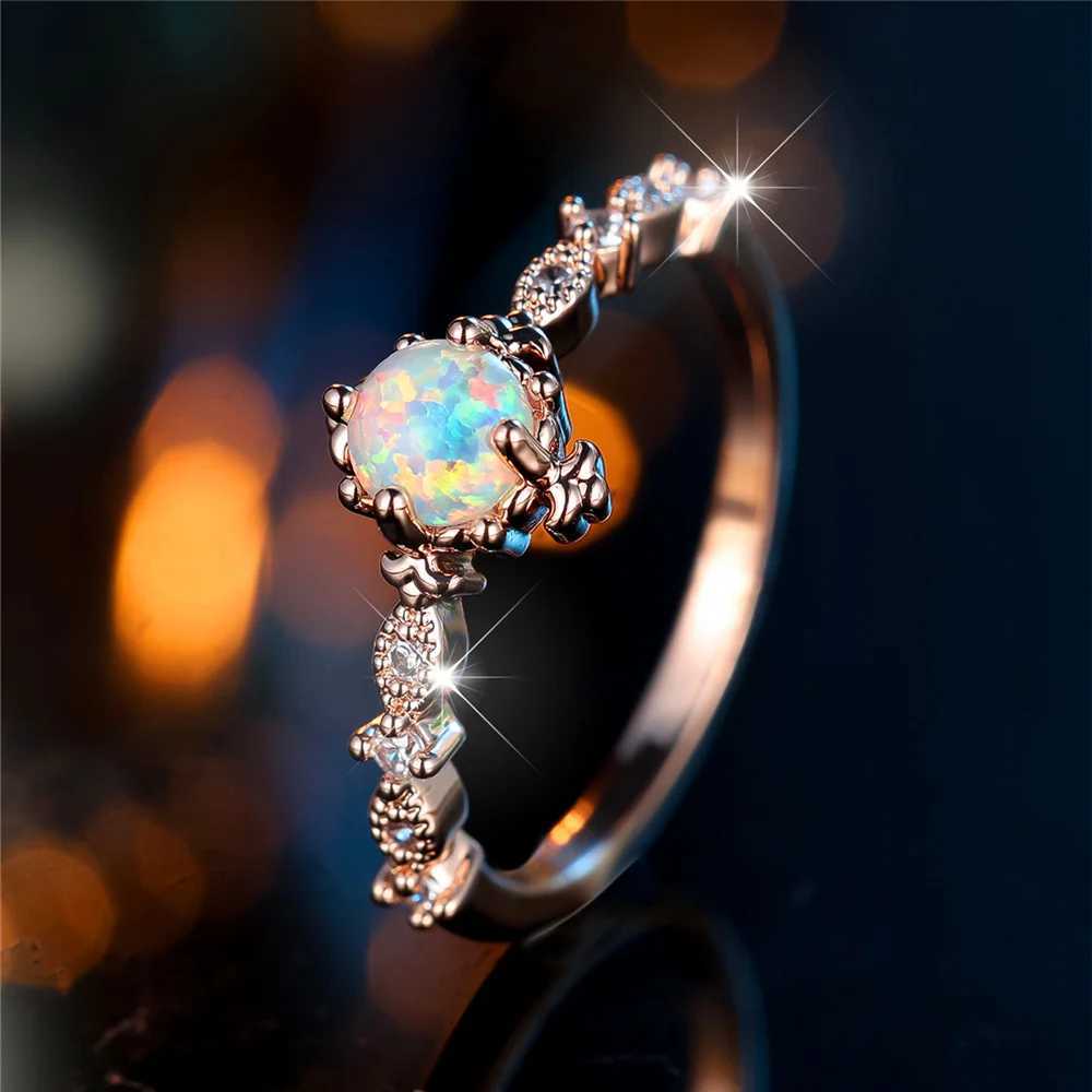 Charm Female Opal Stone Round Ring Rose Gold Color Cute Gift Wedding Jewelry For WomenXJ250104