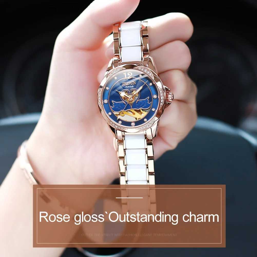 JSDUN Womens Luxury Automatic Mechanical Skeleton Design Diamond Wrist Spherical Mirror Ceramic W250104