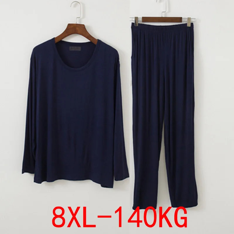 Plus Size 7XL 8XL Modal Cotton Mens Pajamas Set Long Sleeve Pajama Pants Male Casual Oneck Loose Top and 250103