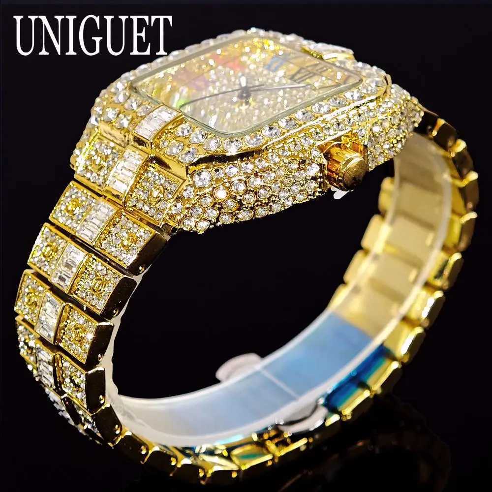 UNIGUET Mens Gold D Quartz Fashion Color Roman Square Mens Hip Hop Diamond AAA Jewelry Watch Gift 2025 W250104