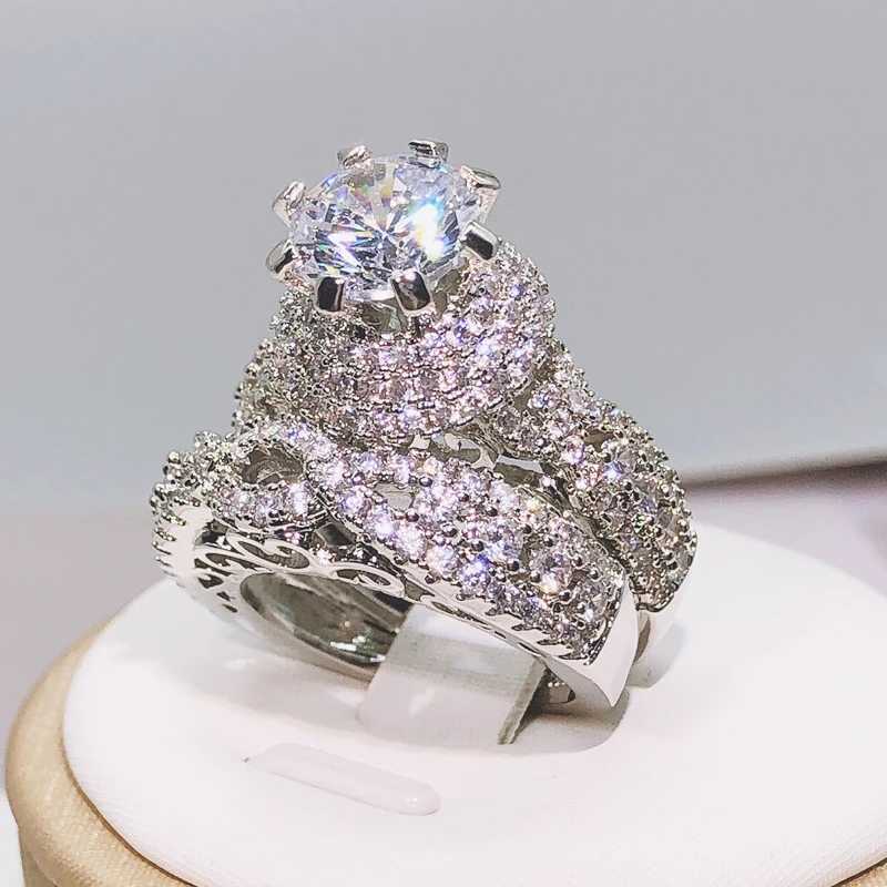 925 Silver Tren Milangirl White Crystal Round Ring 2 pcs Set For Women Girls Wedding Engagement Party Fashion JewelryXJ250104
