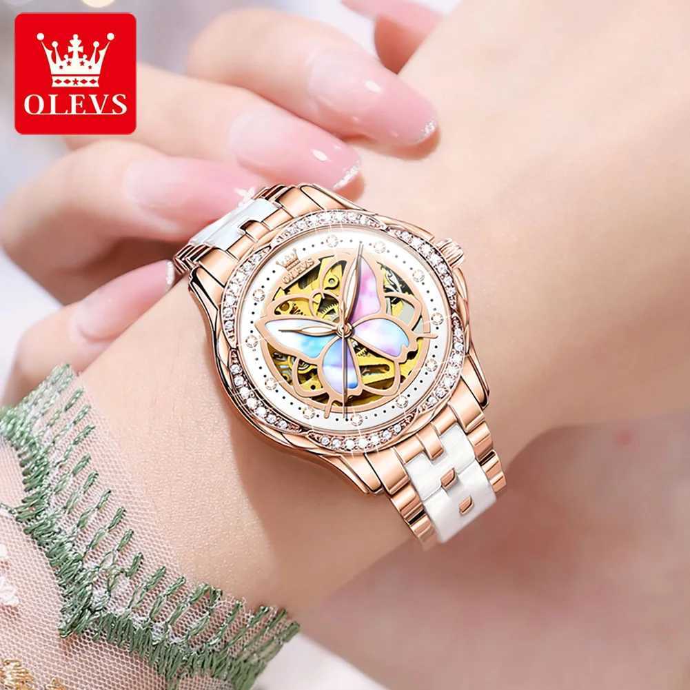 OLEVS 6615 Womens Automatic Mechanical Watch Elegant Luxury Diamond Skeleton Butterfly Dial Womens Set W250104