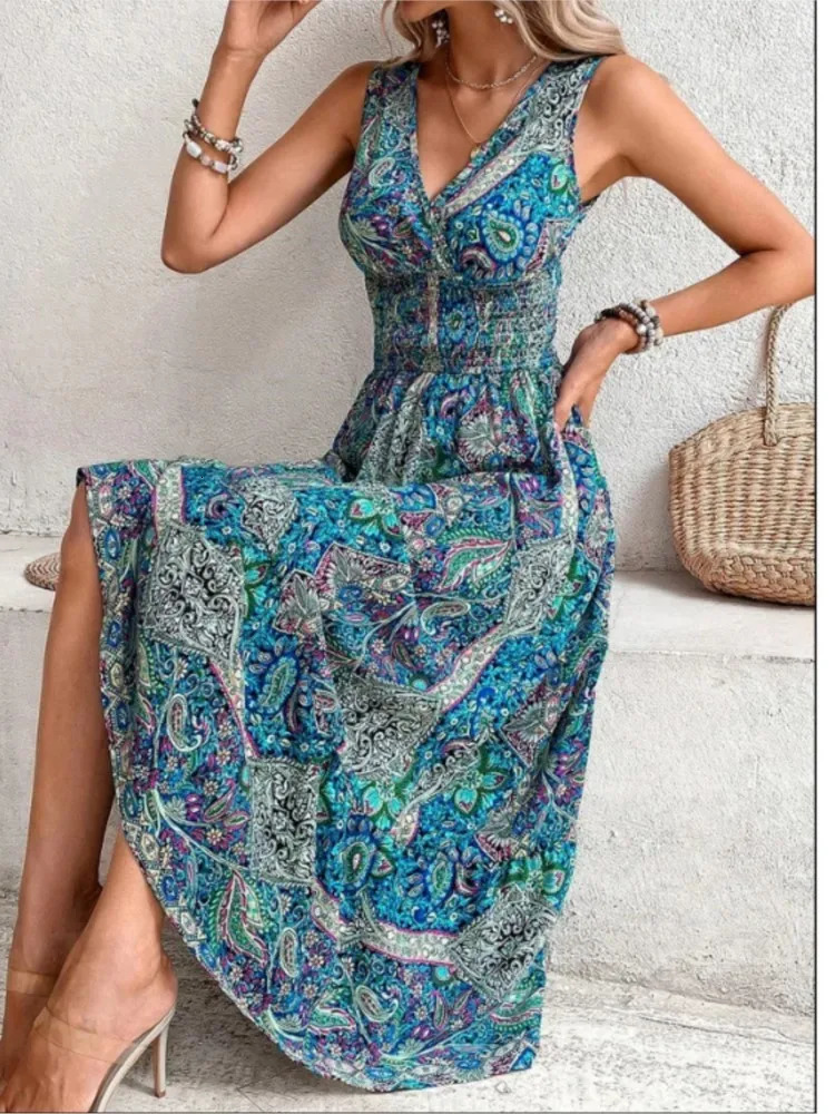 Summer Bohemian Dress Womens Fahsion Sleeveless Printed Beach Party Dress Elegant Casual Holiday Womens Wear 250103