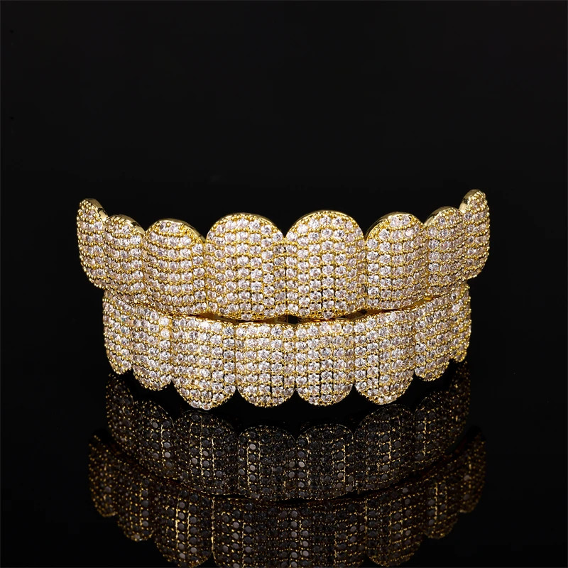Hip Hop Full CZ Stones Teeth Caps Cubic Zircon Iced Out Micro Pave Top Bottom Charm Grills For Men Women Jewelry 250103