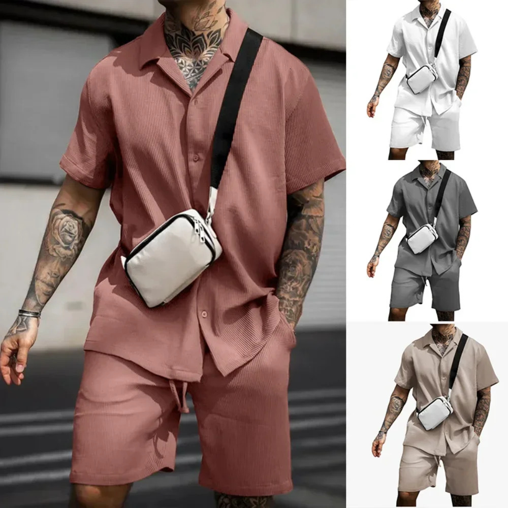 2024 Summer Solid Casual Losse Mens Sets Soft Single Breasted Shirts Shorts 2 Pieces Sets for Men Fashoin Polo Sweatpants Suit 250102