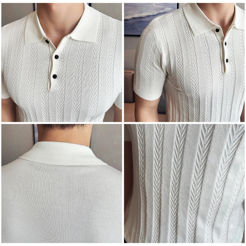 Mens business casual solid color polo shirt mens Word woven thin stripe short sleeved sweater. Stretchable breathable T-shirt. 241230