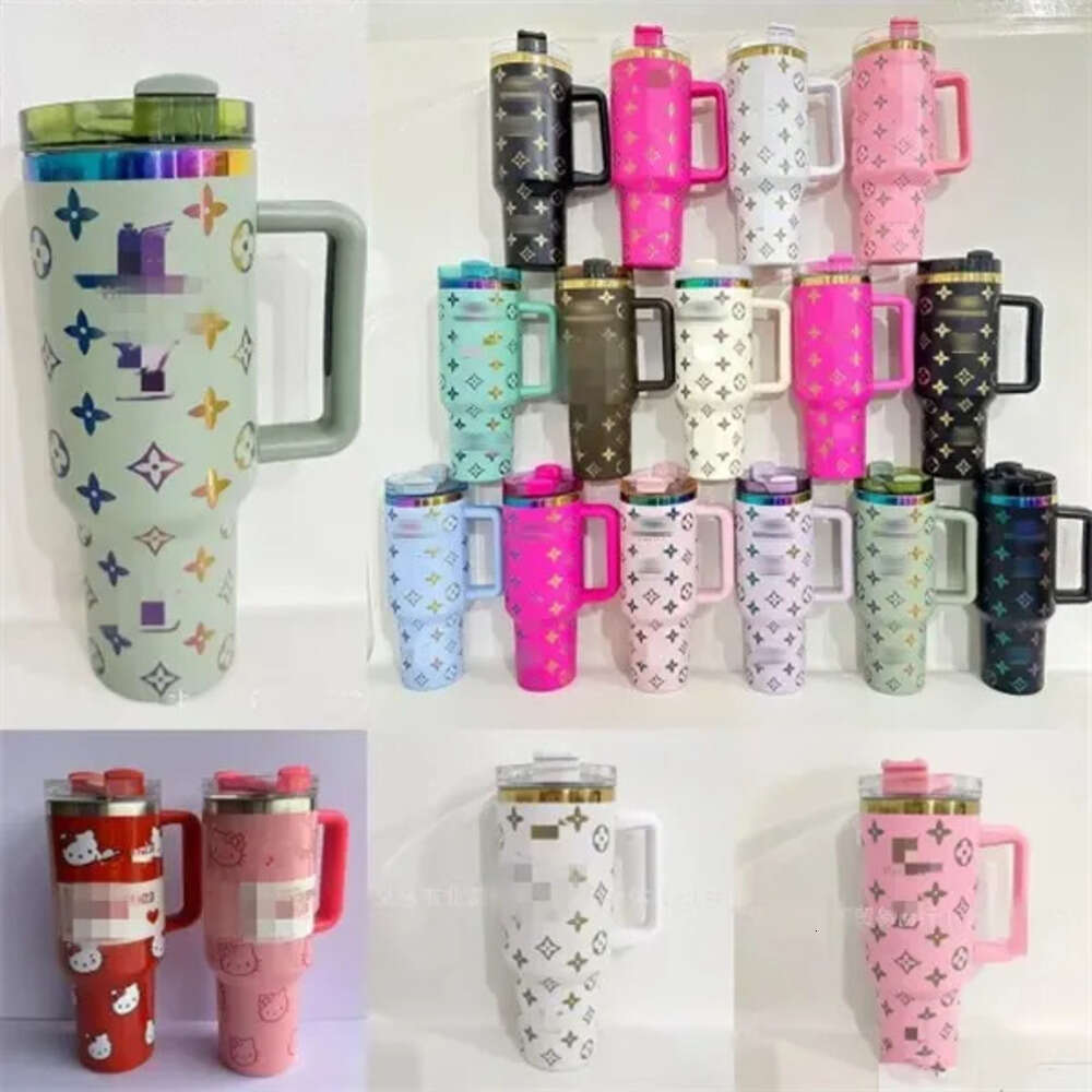Gift Box US Stock Designer 40Oz 304 Stainless Steel Tumblers Cat 40 OZ Travel Car Cup With Handle Straw Vacuum Insulated Drinking Mug