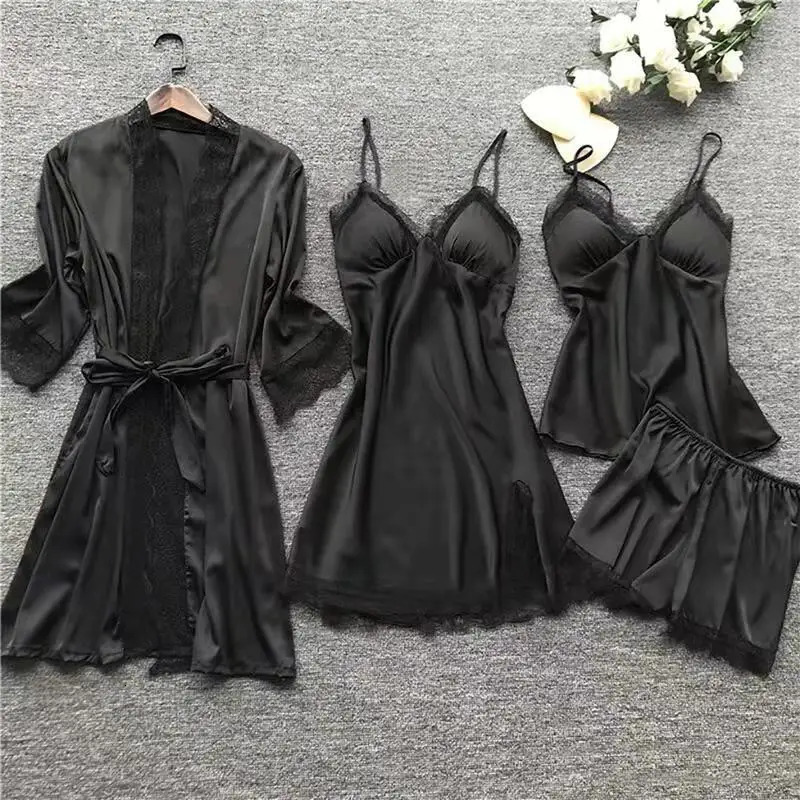 4PCS Sleepwear Pajamas Set Silk Women Nightdress Lace Dress Robe Sleep Nightwear Solid Color Pijama Sets 250103