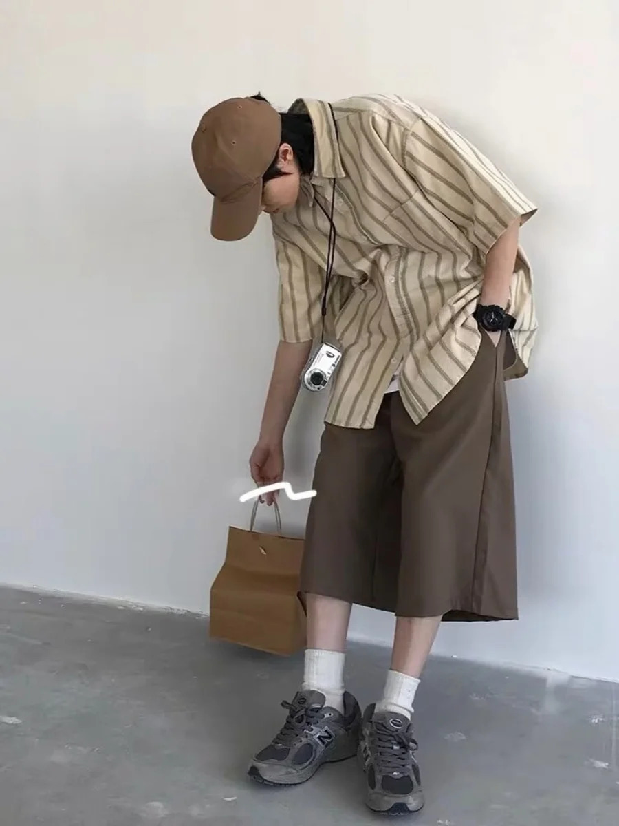 2024 Mens Summer Fashion Ice Silk Thin Suit Shorts Male Loose Wide-leg Short Pants Men Solid Color Knee Length Shorts K205 250103