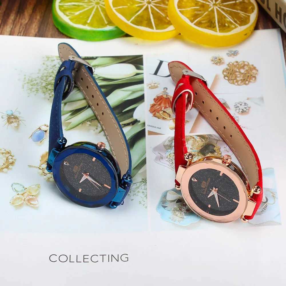Womens wristband fashionable leather strap simulated quartz circular wristband trend leather wristband blue glass strap W250104