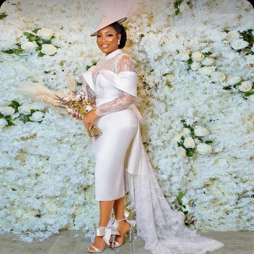 Modern Lace Wedding Dress Sheath HIgh Collar Long Sleeves Short Wedding Gown Backless Lace Up Tea Length Elegant Marriage Dress