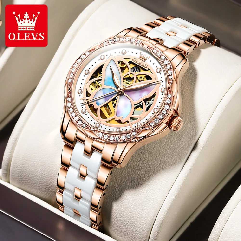 OLEVS 6615 Womens Automatic Mechanical Watch Elegant Luxury Diamond Skeleton Butterfly Dial Womens Set W250104
