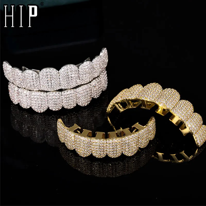 Hip Hop Full CZ Stones Teeth Caps Cubic Zircon Iced Out Micro Pave Top Bottom Charm Grills For Men Women Jewelry 250103