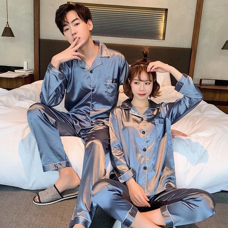 Sleepwear Couple Silk Satin Solid Color Pajama Sets Long ButtonDown Pijama Plus Size Home Clothes Pyjamas Women Men Loungewear 250103