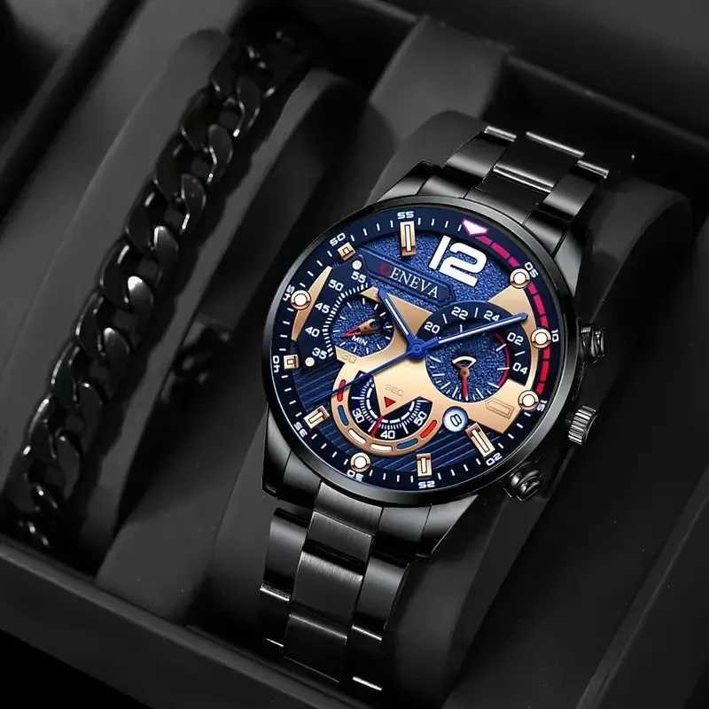 Mens newly popular steel strip fashionable busin three eye quartz set suitable for fashionable matching W250104