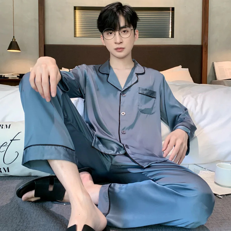 High Quality Pajamas Mens Spring Summer Longsleeved Pyjamas Male Thin Ice Silk Home Clothes Satin Suit Sleepwear Set Nightwear 250103