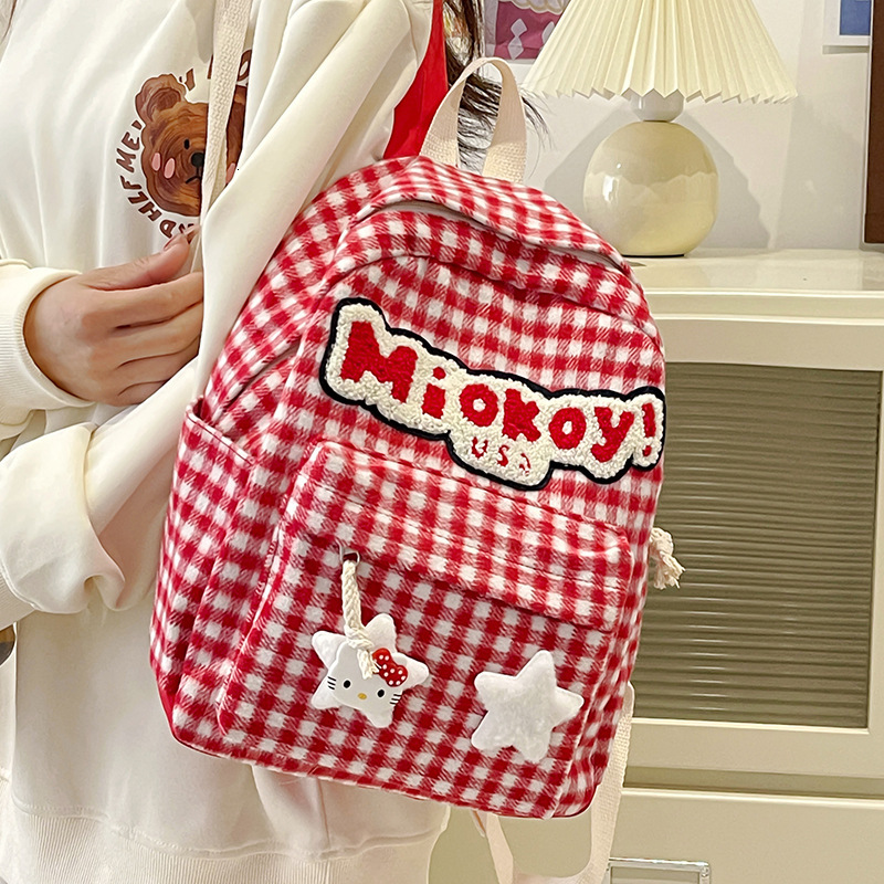 Red checkered cute student backpack, female travel, spring outing cartoon backpack