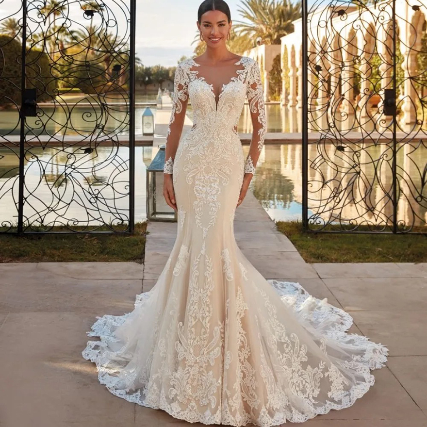 Boho Sheer O-neck Mermaid Wedding Dress Classic Lace Appliques Long Sleeves Elegant Bridal Gown Robe De Mariee
