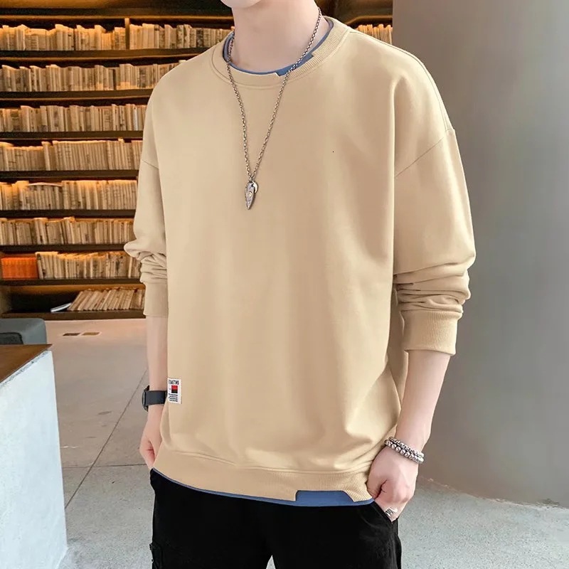 Autumn and winter hoodie mens Korean version loose round neck fake two-piece velvet long sleeved trendy versatile top trendy and fashionable for men