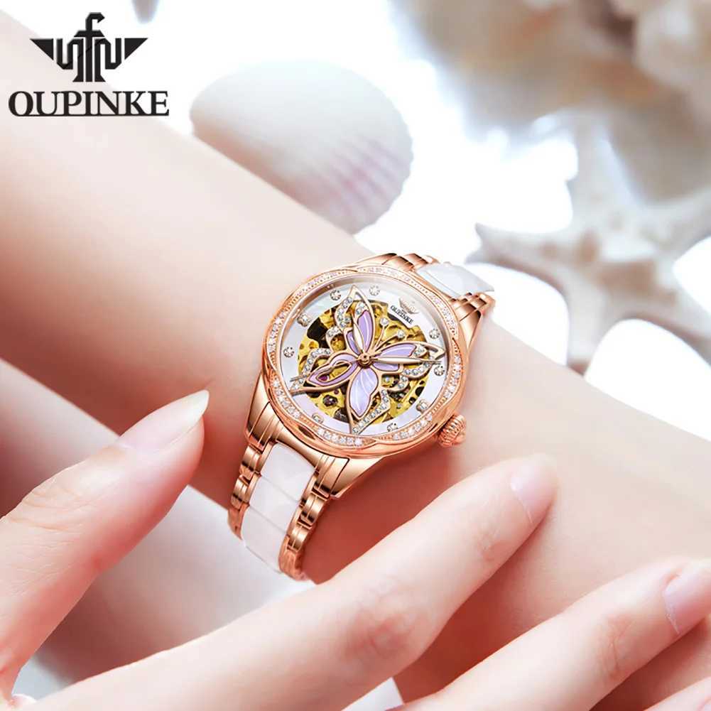 OUPINKE 3239 Elegant Butterfly Womens Hollow Diamond Dial Deep Waterproof Ceramic Str Watch Bracelet Set W250104