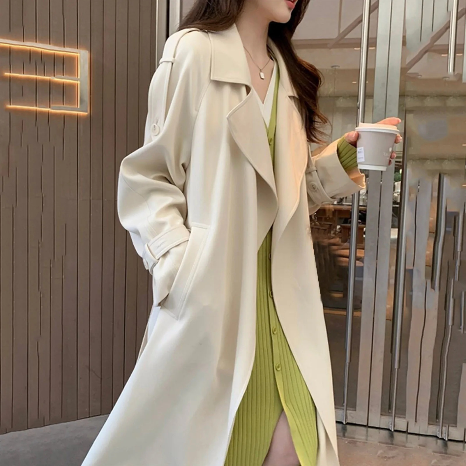 2024 Spring And Autumn WomenS Windbreaker Coats Mid Length White Lady Outwear Fashion Versatile Female Trench Coat 250102