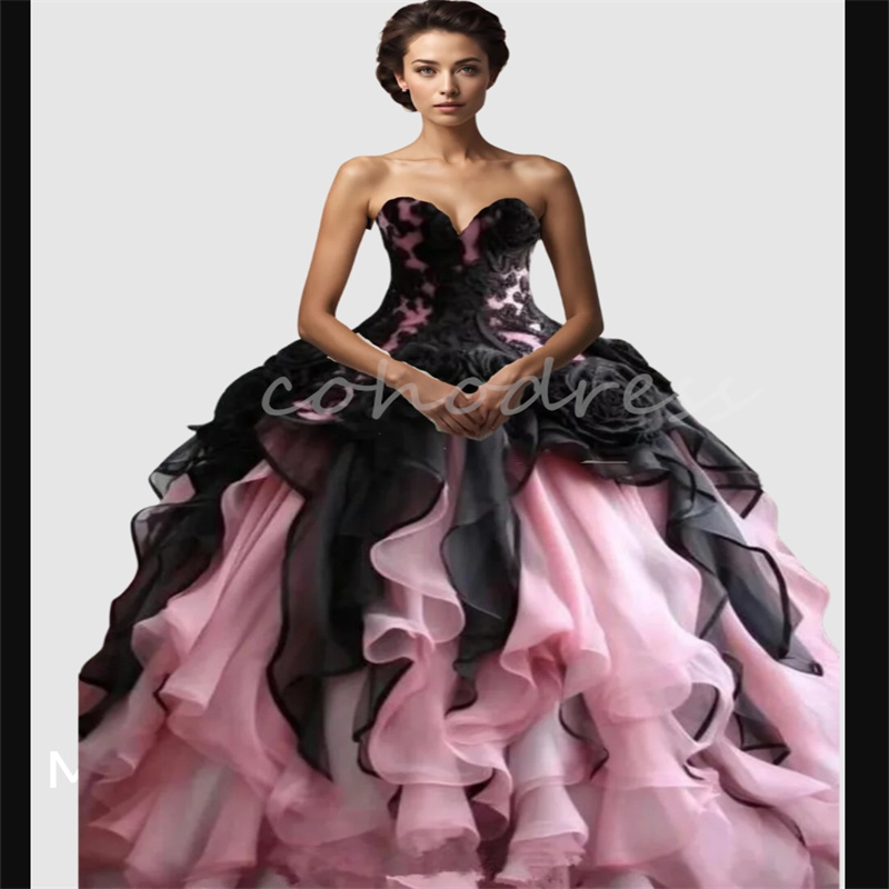 Fantasy Gothic Victorian Prom Dress Black With Pink Ruffles Rococo Costume Masquerade Evening Dress Lace Floral Renaissance Medieval Vestio De 15 Anos