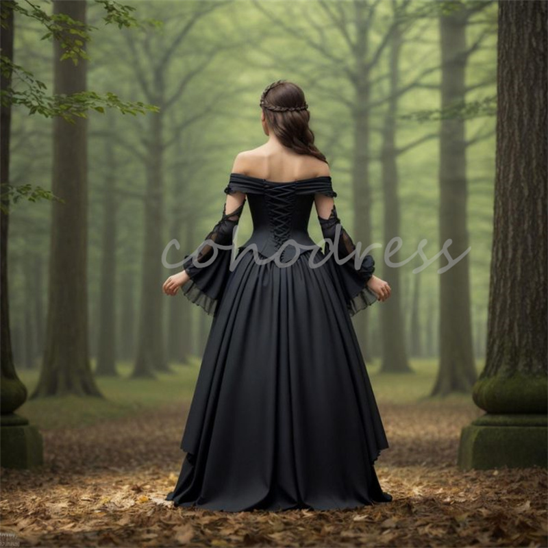 Fantasy Black Gothic Wedding Dress Off Shoulder Long Sleeve Civil Boho Era Witch Bride Gown Medieval Celtic Aesthetic Forest Country Elvish Robe De Ma