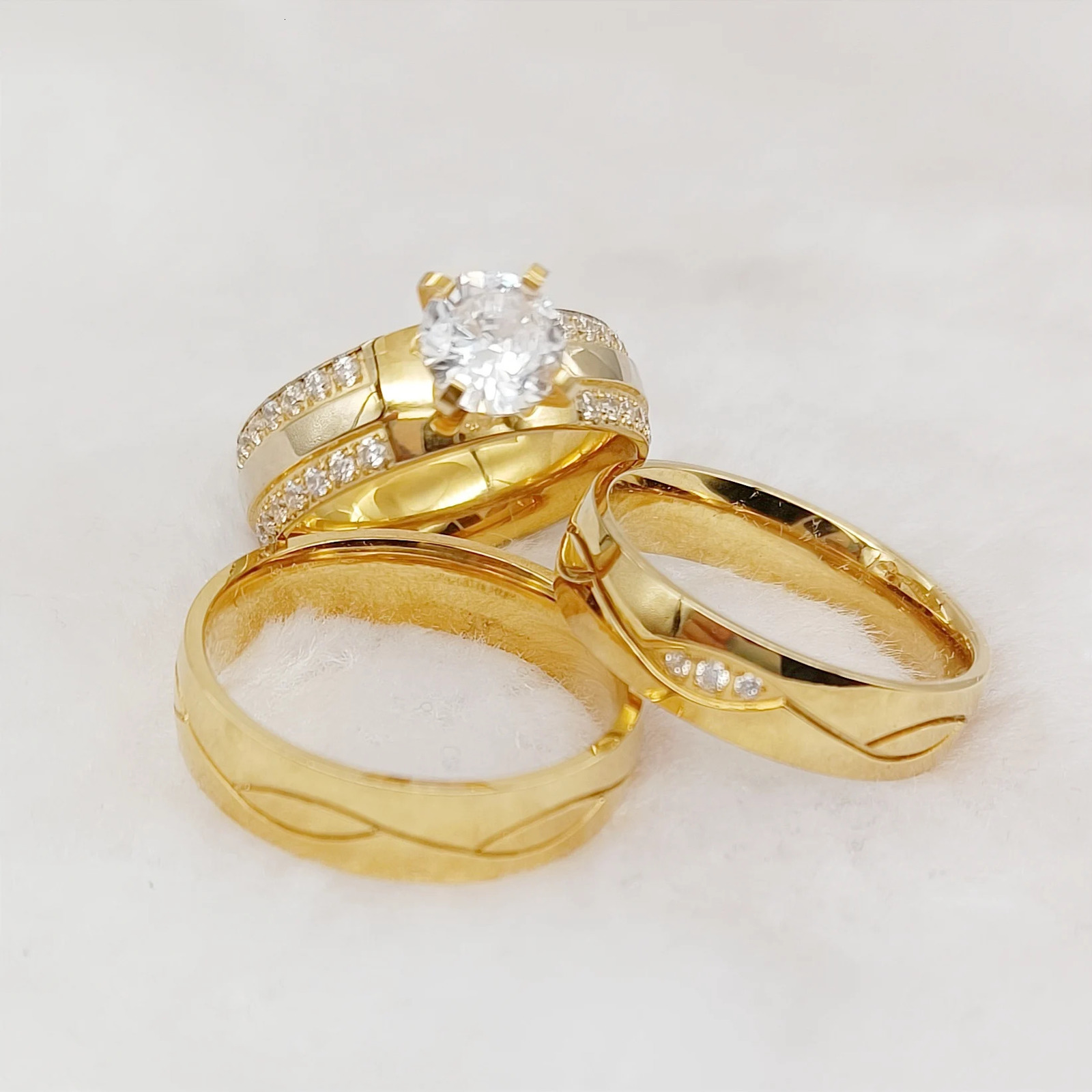 Wholesale 3pcs Lovers Promise Wedding Engagement Rings Sets For Couples Vintage Handmade 24k gold plated Fashion jewelry Ring 250103