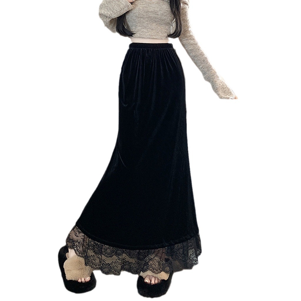 CL119463 Lace splicing gold velvet skirt female autumn and winter high waist slim elastic waist fishtail skirt A-line long skirt