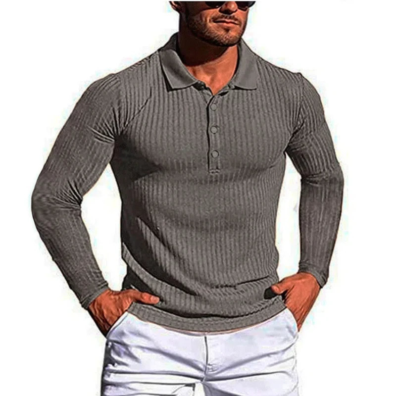 Mens Running Polo Shirt Summer Retro High Street High Elasticity Tees Vertical Stripe Long Sleeve Ultra Thin Knitted Top 250103