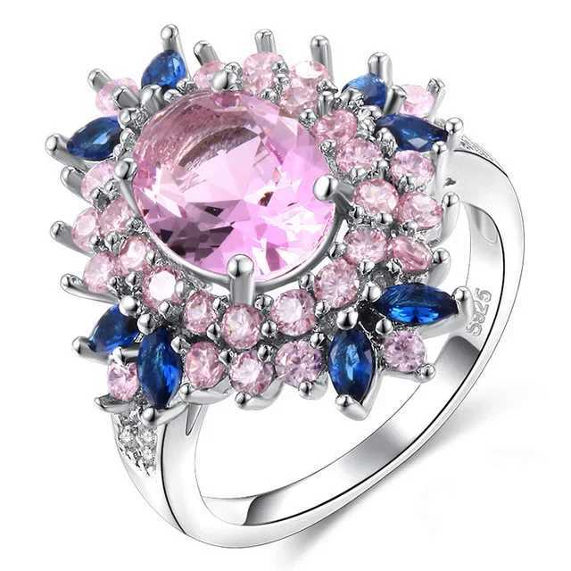 Fasion Real Solid 925 sterling silver ring womens gift AAA multi-color zircon jewelry blue paving flower wedding silver ringXJ250412