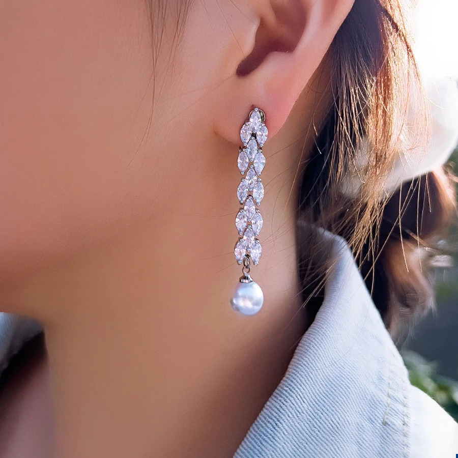 ThreeGraces Brilliant Zirconia Long Simulated Pearl Clip On Earrings for Women No Ear Hole n Bridal Party Jewelry EJ112 250103