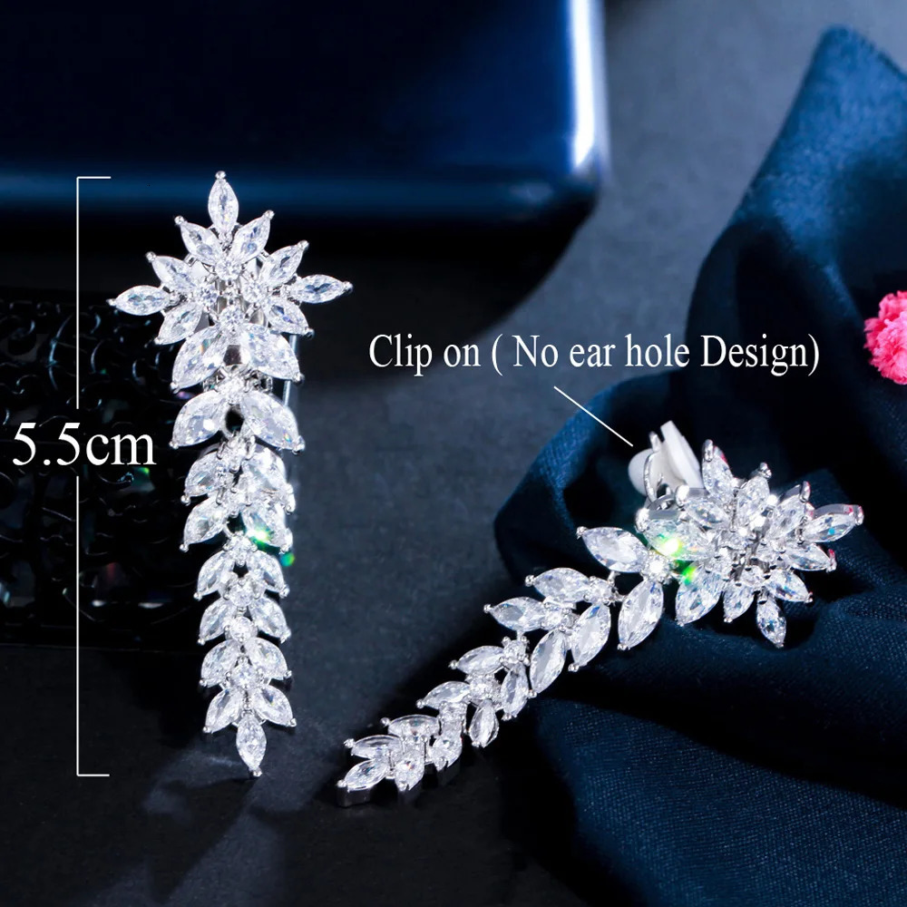 ThreeGraces Japanese n Women Jewelry Sparkly White CZ Stone Long Leaf Drop Clip on Earrings for Non Pierced Ears ER048 250103