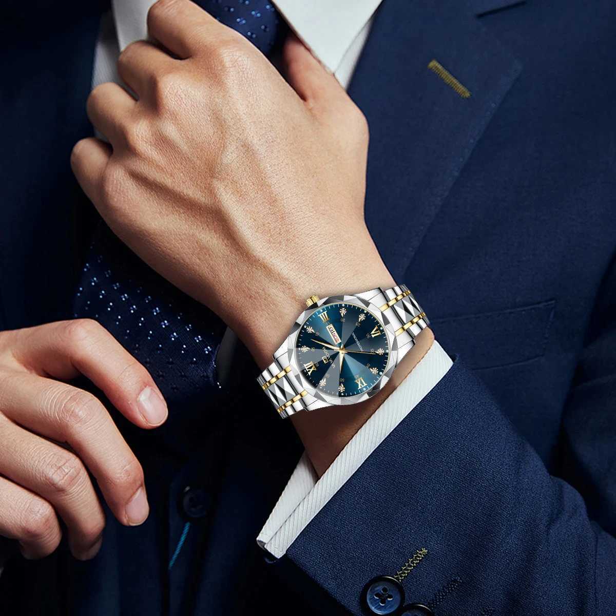 Mens Water Diamond Luxury Luminous Double Calendar Quartz Finish 41mm Blue Gold Stainless Steel Fashion Bus W250104